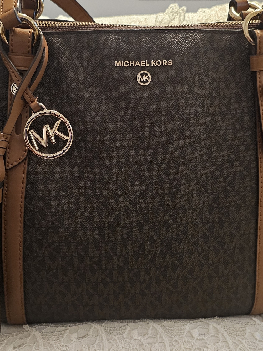 Michael Kors Brown Monogram Tote with Tan Trim